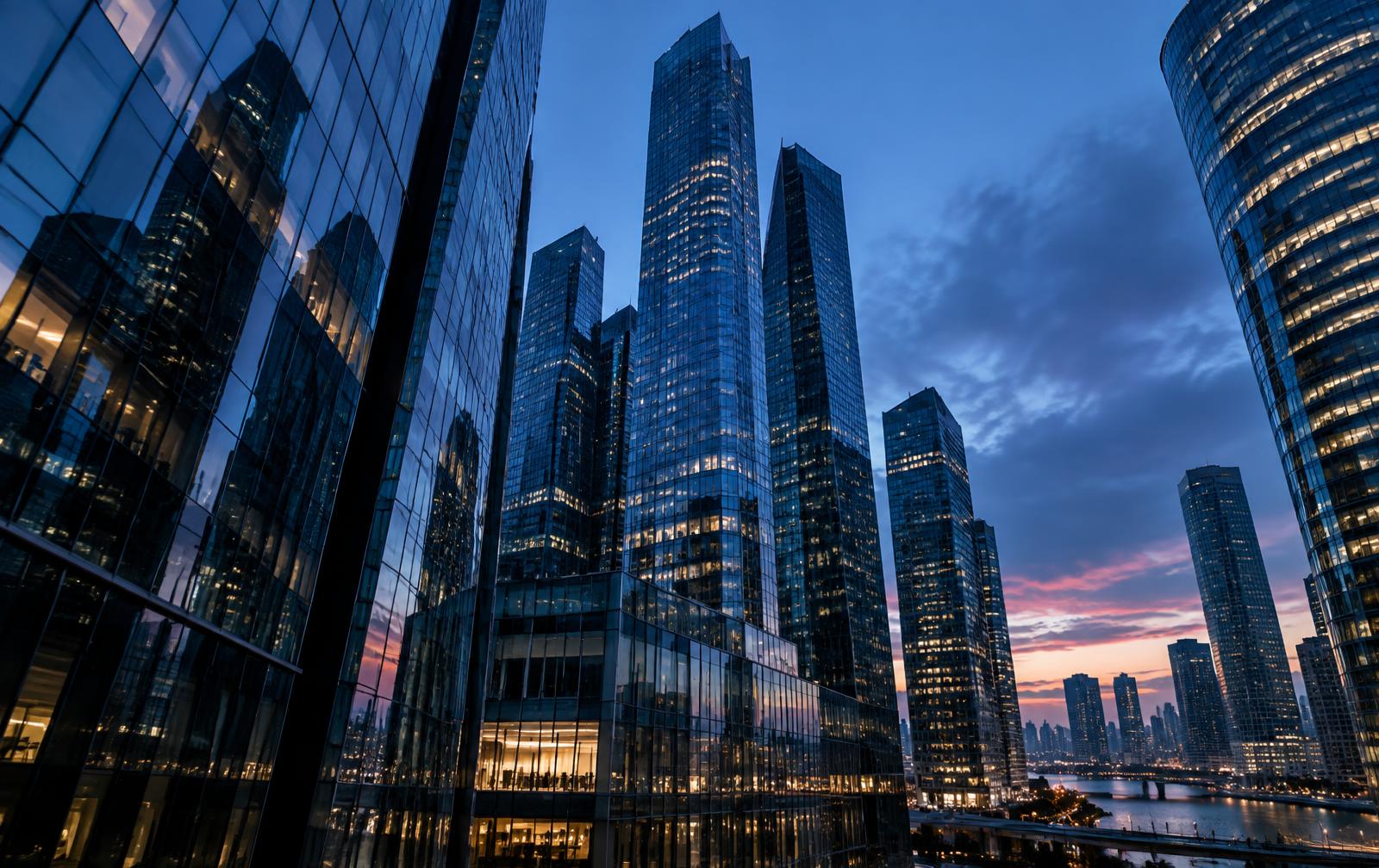 Global financial district at blue hour